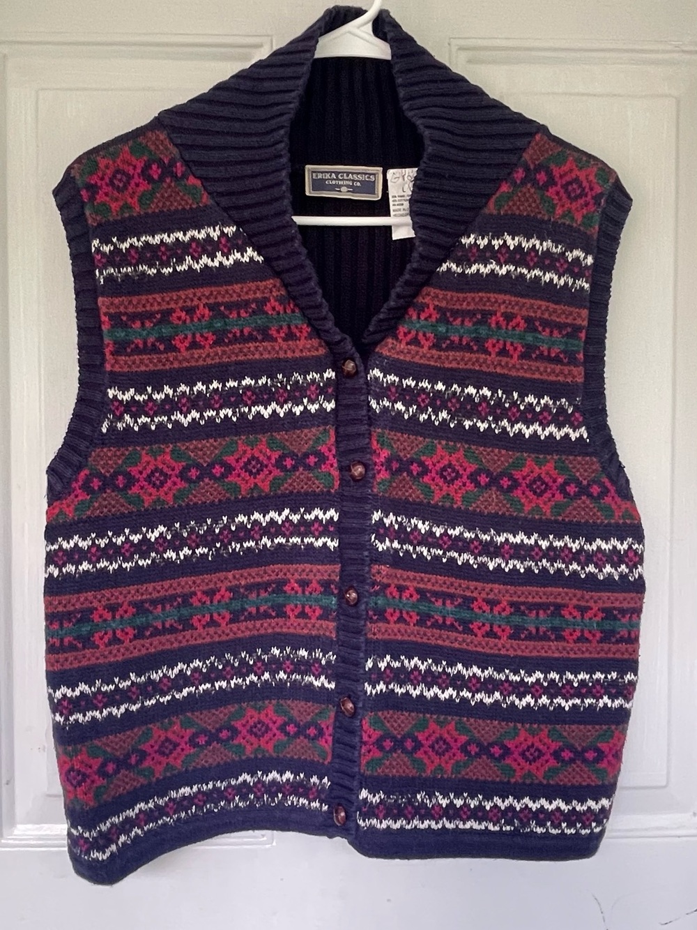 Erika Navy Vintage Shawl Collar Fair Isle Knit Vest with Red and Green Accents